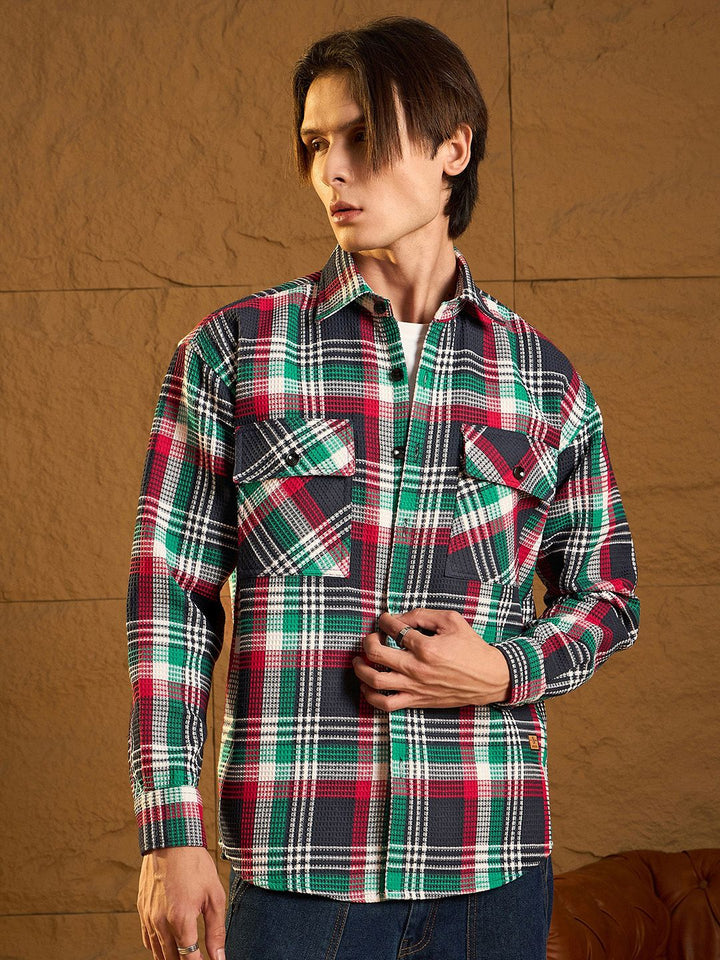 DENNISON Men Double Pocket Drop Shoulder Oversized Cotton Checked Shacket