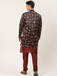 SOJANYA Men Maroon & Black Solid Kurta with Churidar & Ethnic Jacket