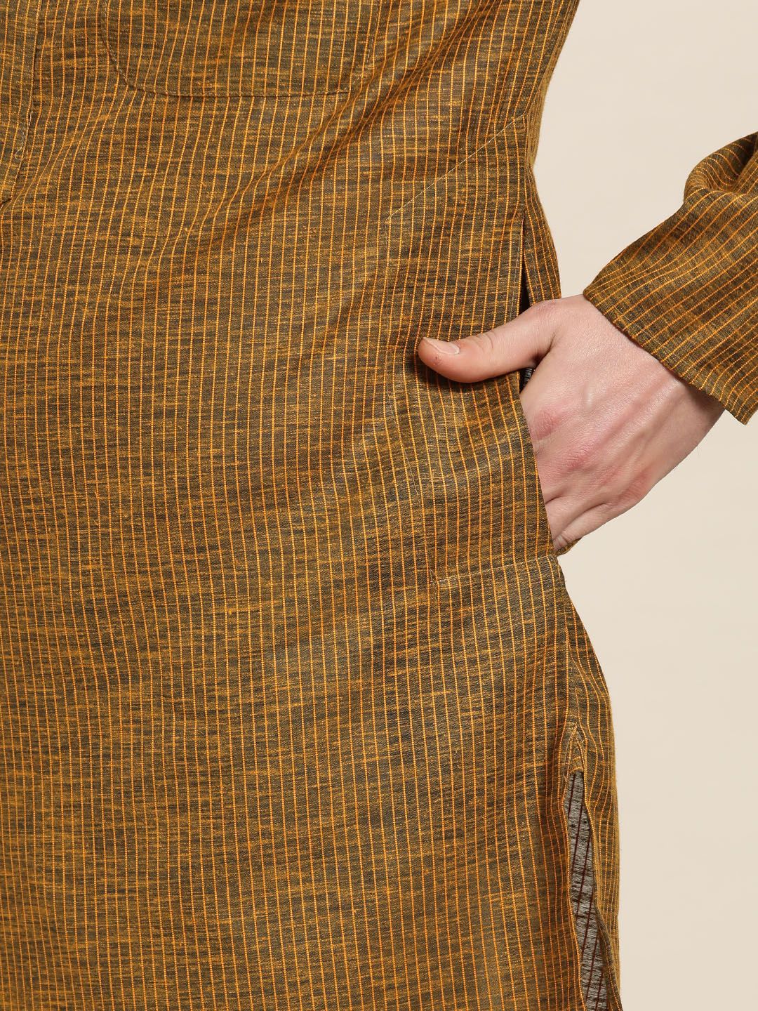 SOJANYA Men Mustard Yellow & Charcoal Grey Striped Straight Kurta