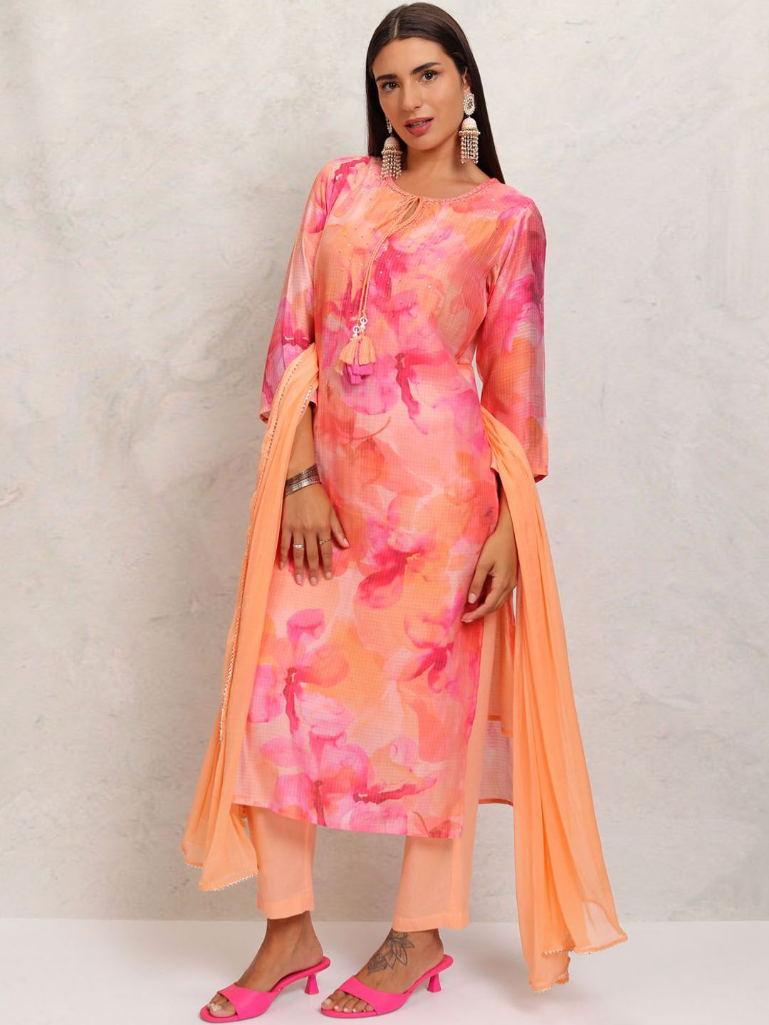 Vishudh Orange Printed Tie-Up Neck Pure Cotton Straight Kurta With Trousers & Dupatta