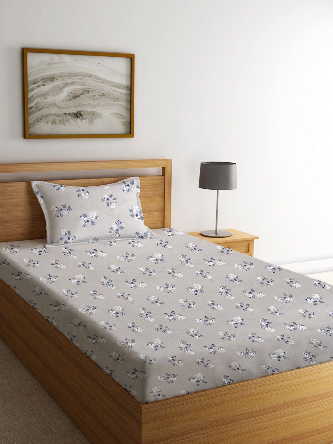 KLOTTHE Grey Floral Polycotton 300 TC Single Fine Bedsheet with a Pillow Cover-87 x 59 inches
