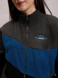Tokyo Talkies Grey Colourblocked Mock Collar Front-Open Sweatshirt
