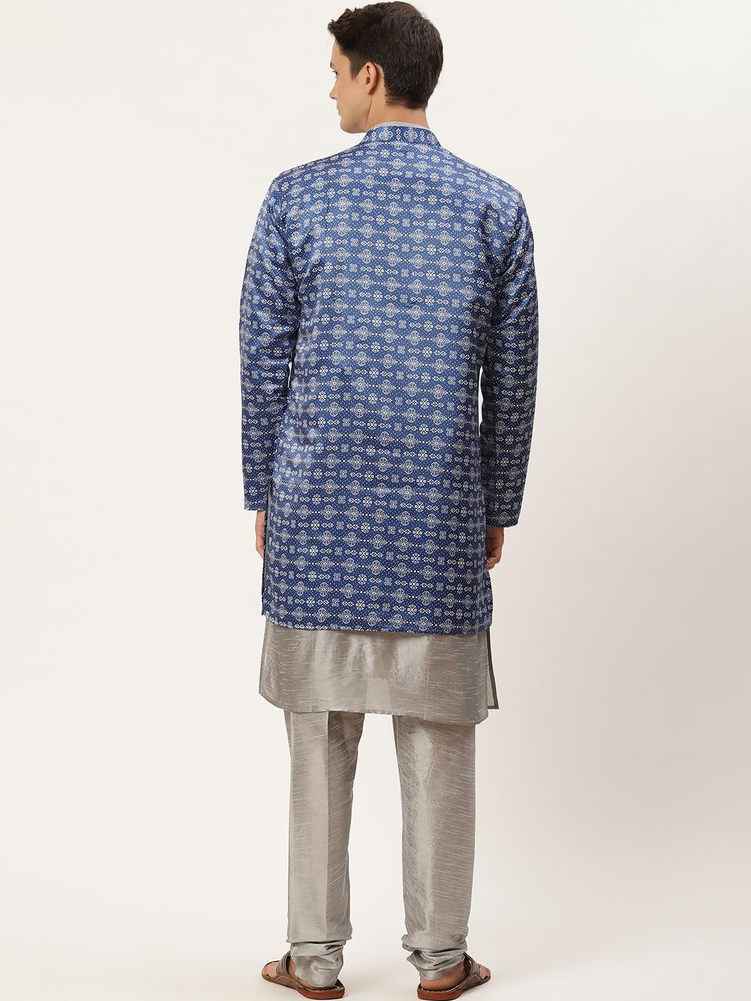 SOJANYA Men Blue & Grey Ethnic Motifs Print Kurta & Churidar with Tailored Jacket