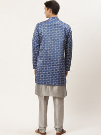 SOJANYA Lelaki Biru & Kelabu Motif Etnik Cetak Kurta & Churidar dengan Jaket Disesuaikan