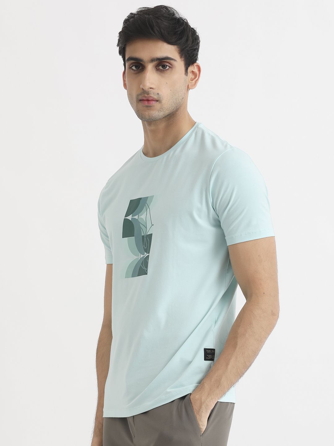 RARE RABBIT Men Cerulean Graphic Printed Slim Fit Cotton T-Shirt
