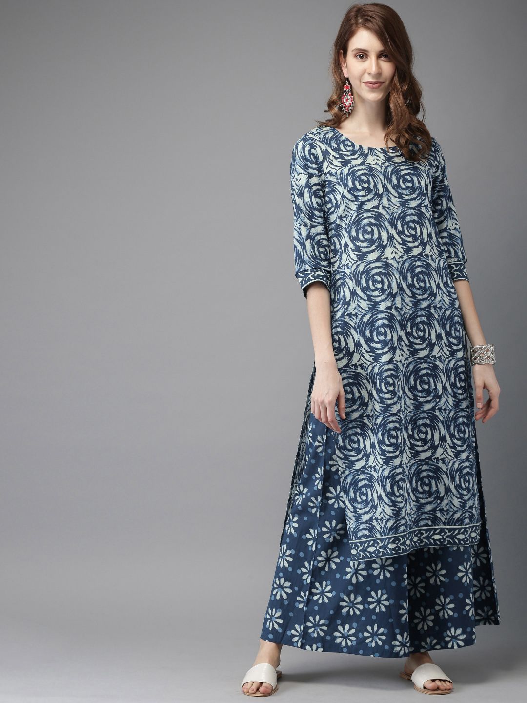 Anouk Women Navy Blue & Off-White Printed Kurta with Palazzos
