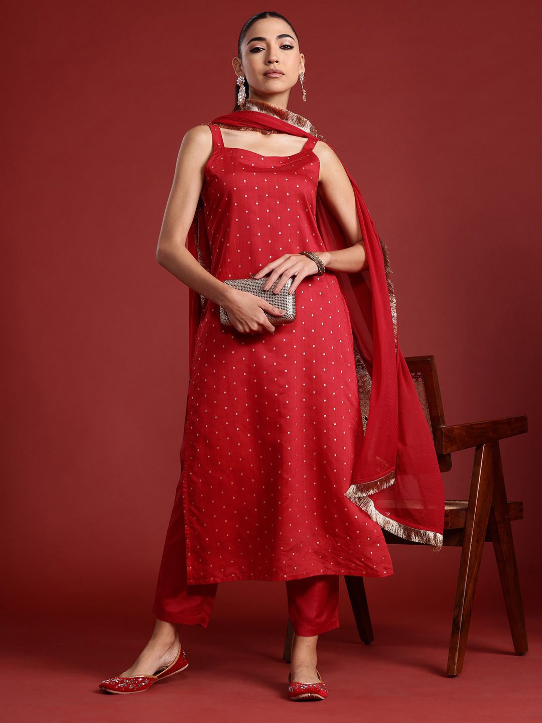 Indo Era Zari Chanderi Silk Kurta With Trousers & Dupatta