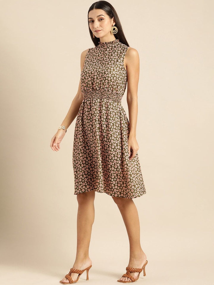 all about you Olive Green & Pink Floral Smocked Dress