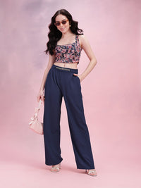 DressBerry Women Metallic Chain Detail Textured Pleated Trousers