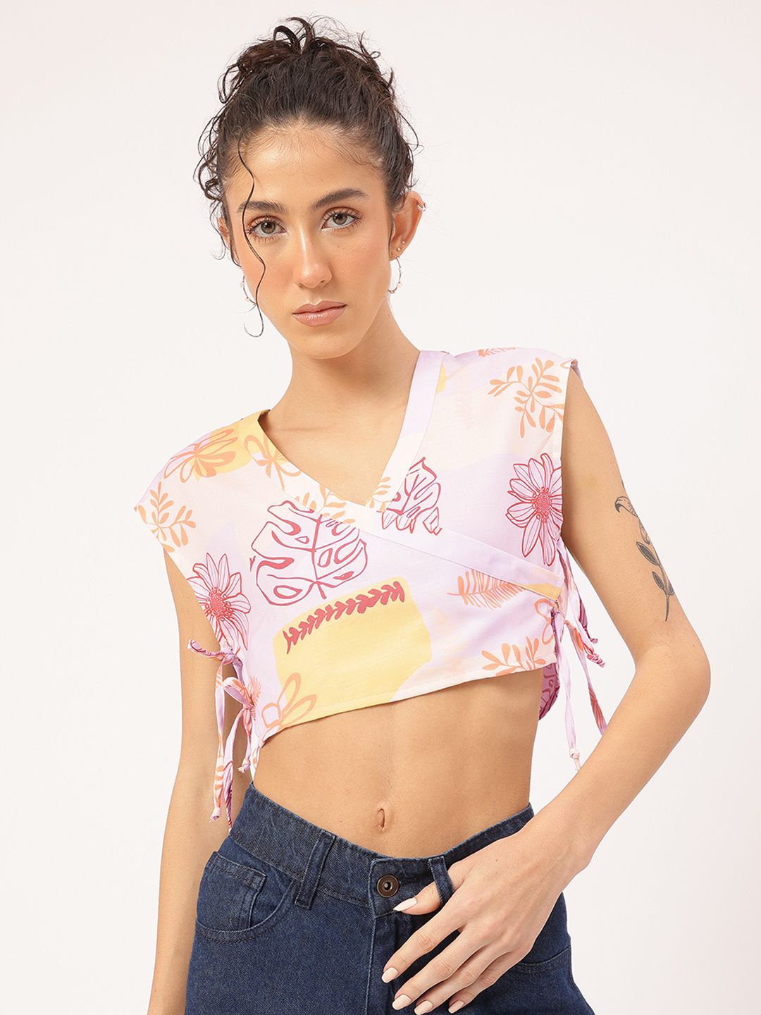 DressBerry Floral Printed Tie-Up Detail Crop Top