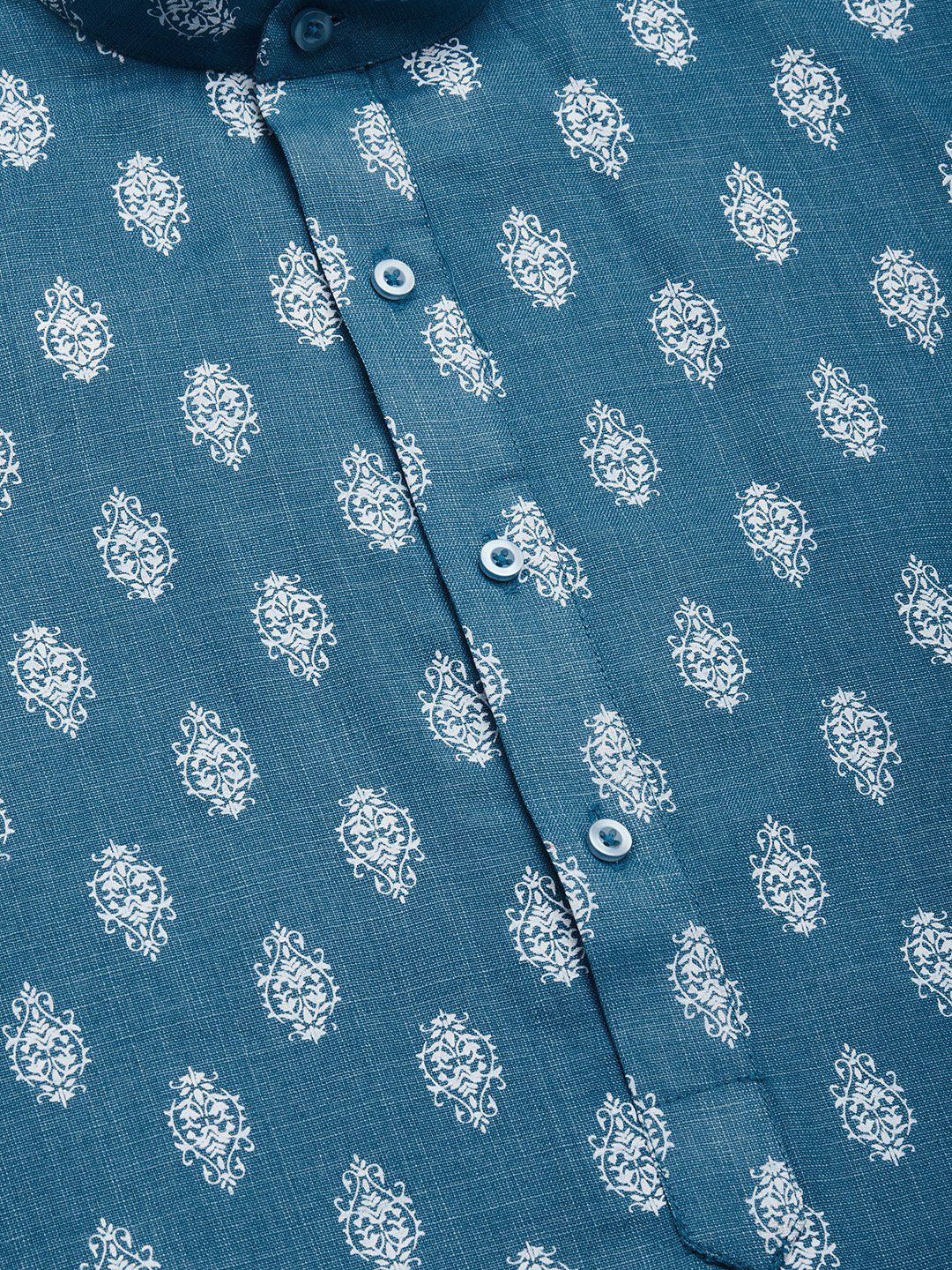 Jompers Men Teal Blue & White Ethnic Motifs Kurta