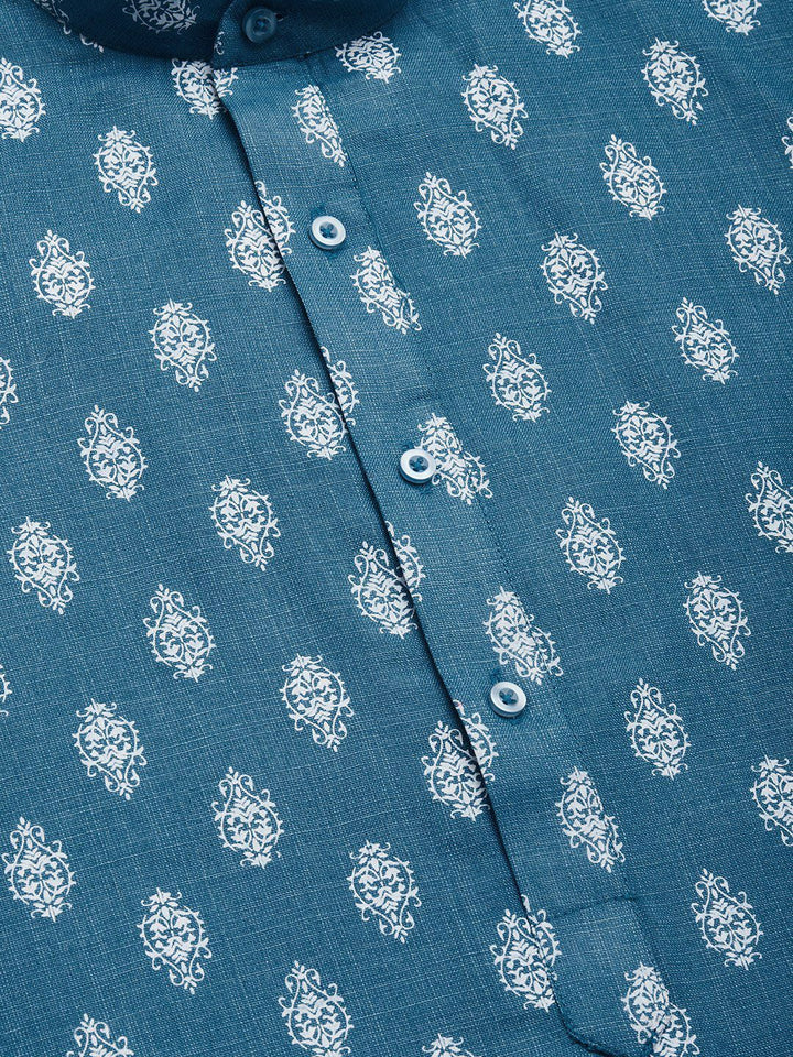 Jompers Men Teal Blue & White Ethnic Motifs Kurta