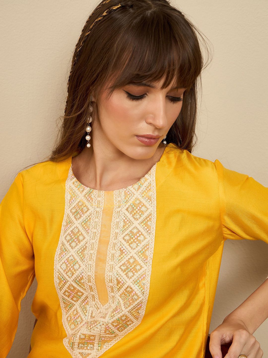 Indo Era Floral Embroidered Sequinned Liva Straight Kurta With Trousers