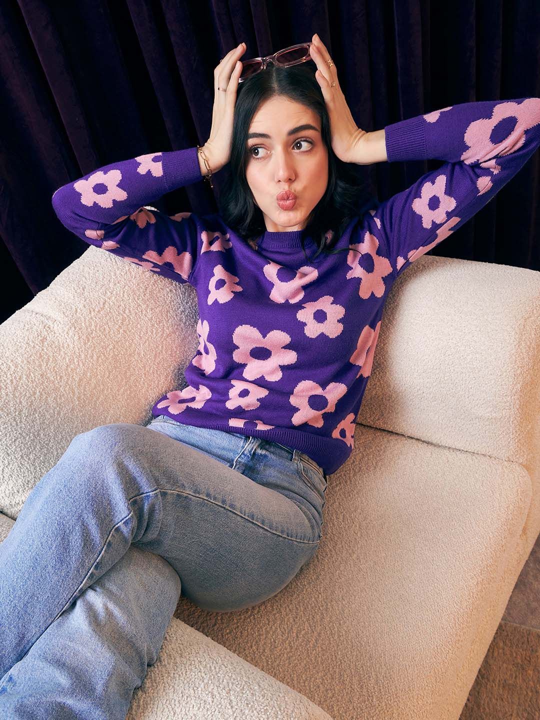 Berrylush Purple Floral Printed Pullover