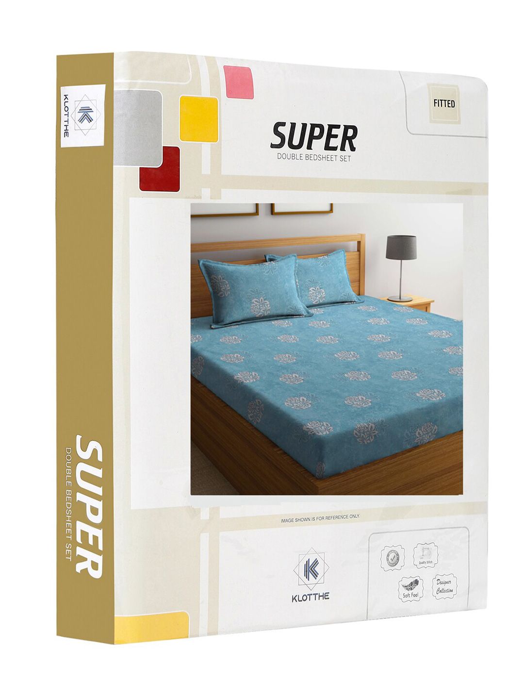 KLOTTHE Turquoise Blue & White Printed 400 TC Pure Cotton Fitted Double King Bedsheet Set