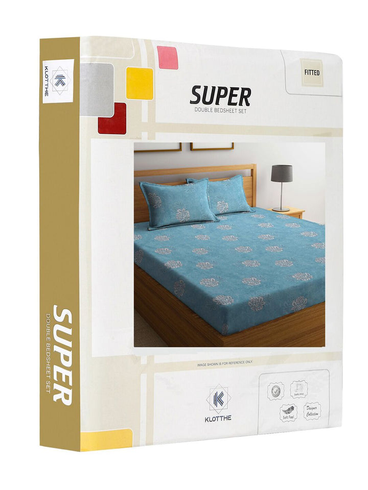 KLOTTHE Turquoise Blue & White Printed 400 TC Pure Cotton Fitted Double King Bedsheet Set