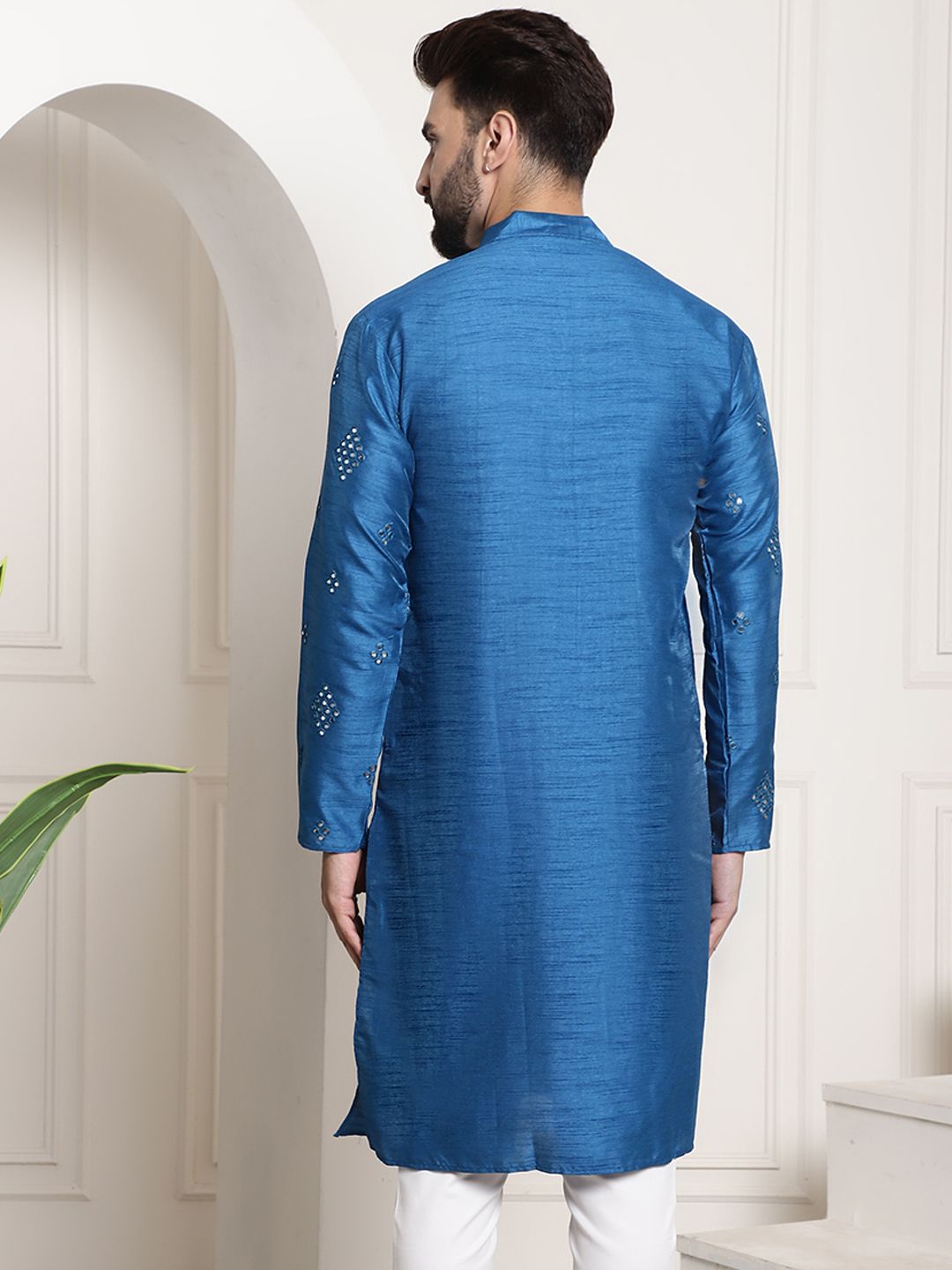 SOJANYA Kurta Kerja Cermin Berhias Biru Lelaki
