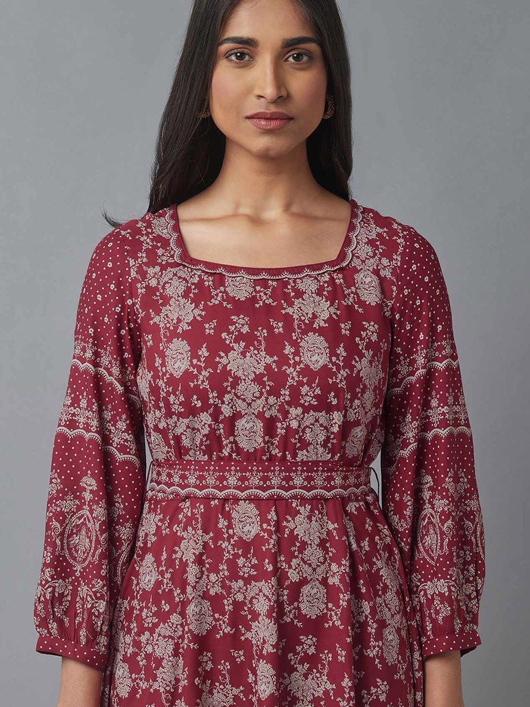 W Maroon & Grey Ethnic Motifs Ethnic Midi Dress