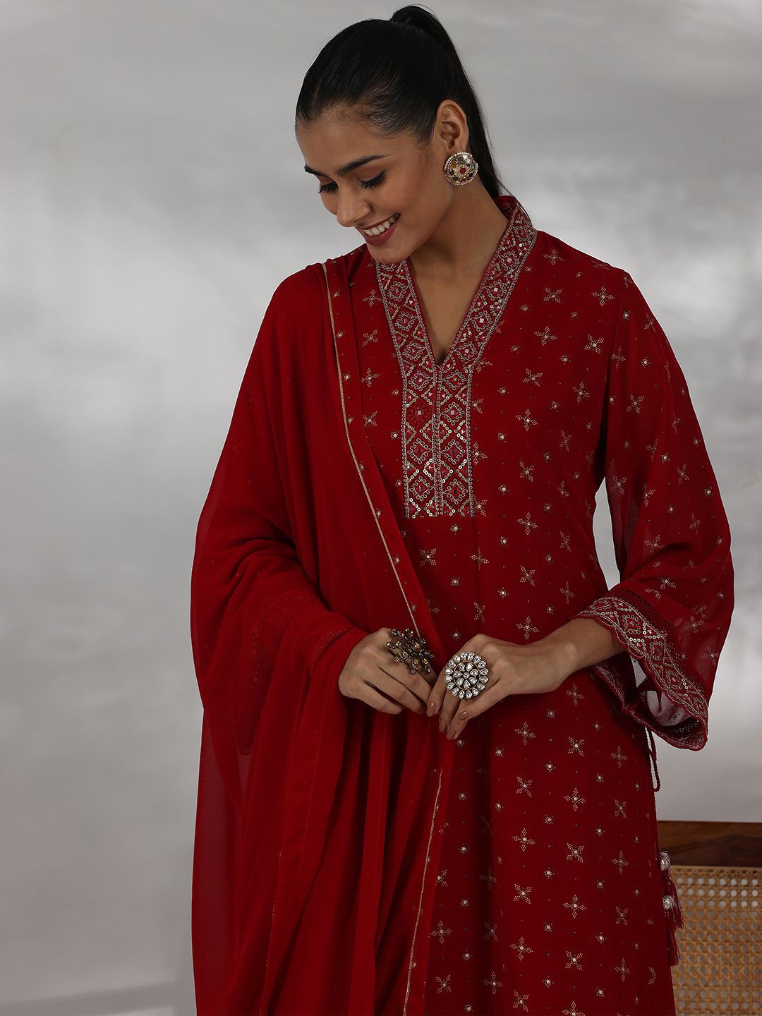 Libas Women Ethnic Motifs Printed Regular Mirror Work Kurta with Palazzos & With Dupatta