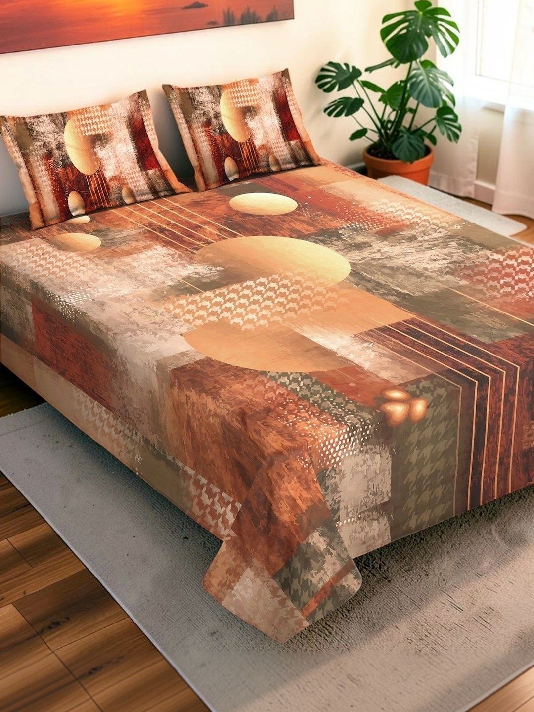 Moda Rapido X KLOTTHE Brown & Beige Geometric 400 TC King Bedsheet with 2 Pillow Covers