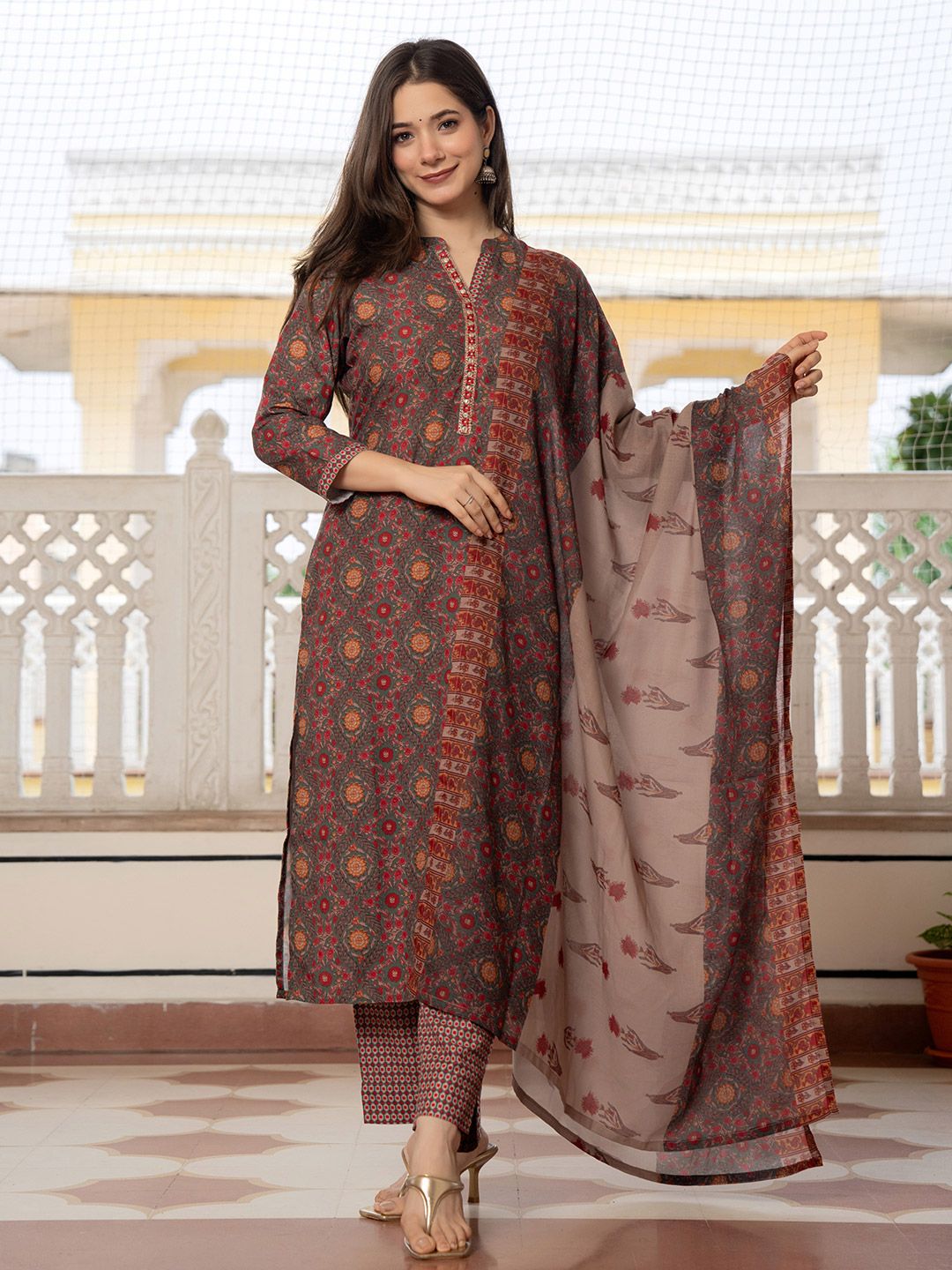 KALINI Floral Printed Sequinned Straight Kurta With Trousers & Dupatta