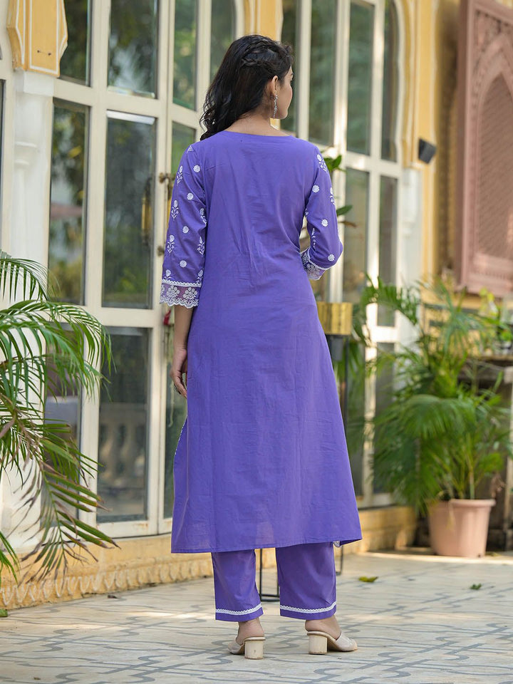 Varanga Floral Embroidered Notch Neck Pure Cotton Kurta With Trousers & Dupatta