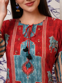 Vishudh Ethnic Motifs Printed Tie-Up Neck Sequinned Straight Kurta with Trousers