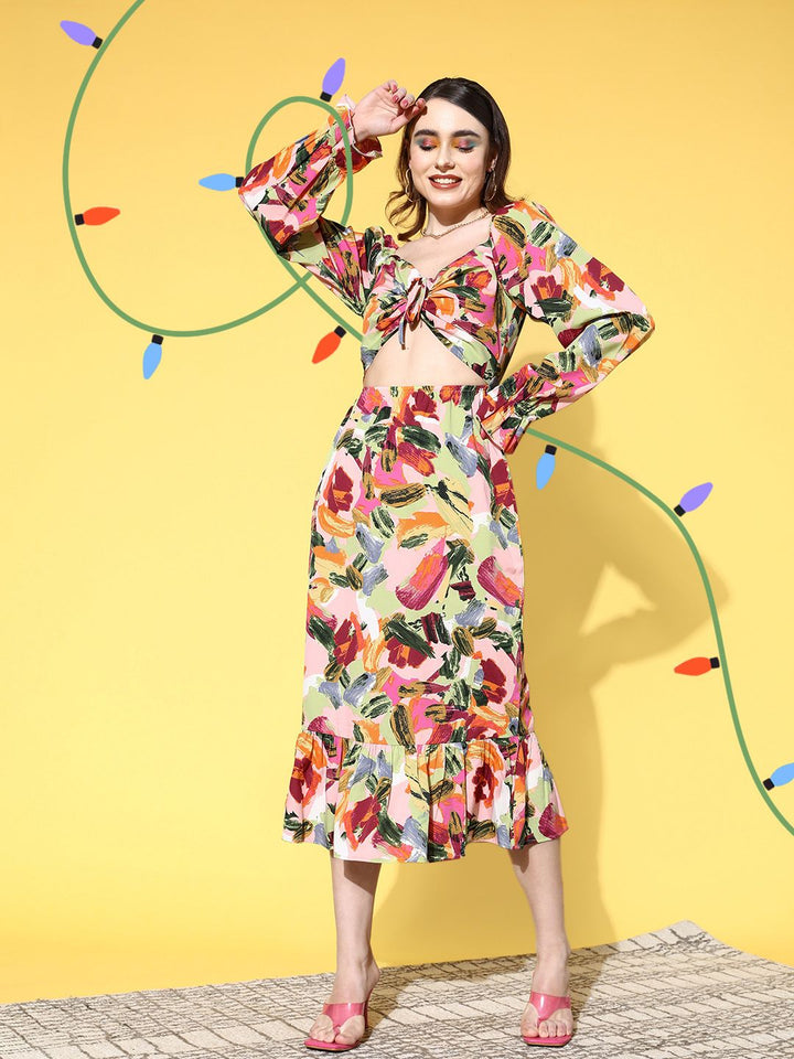 Berrylush Pink & Multicoloured Crepe Sweetheart Neck Midi Dress With Cut-Out Detail