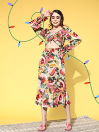 Berrylush Pink & Multicoloured Crepe Sweetheart Neck Midi Dress With Cut-Out Detail