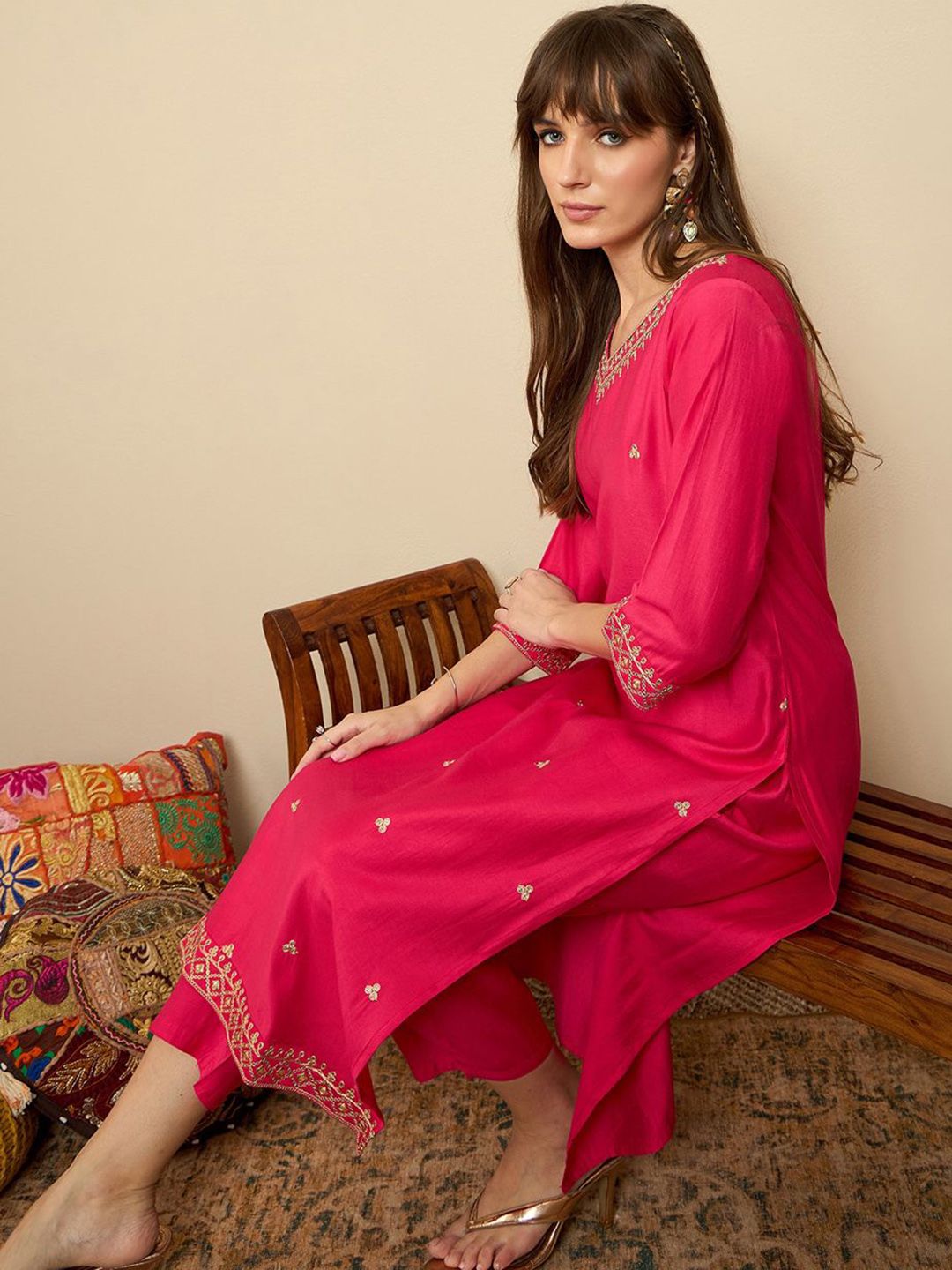 Indo Era Floral Embroidered Liva Straight Kurta With Trousers