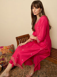 Indo Era Floral Embroidered Liva Straight Kurta With Trousers