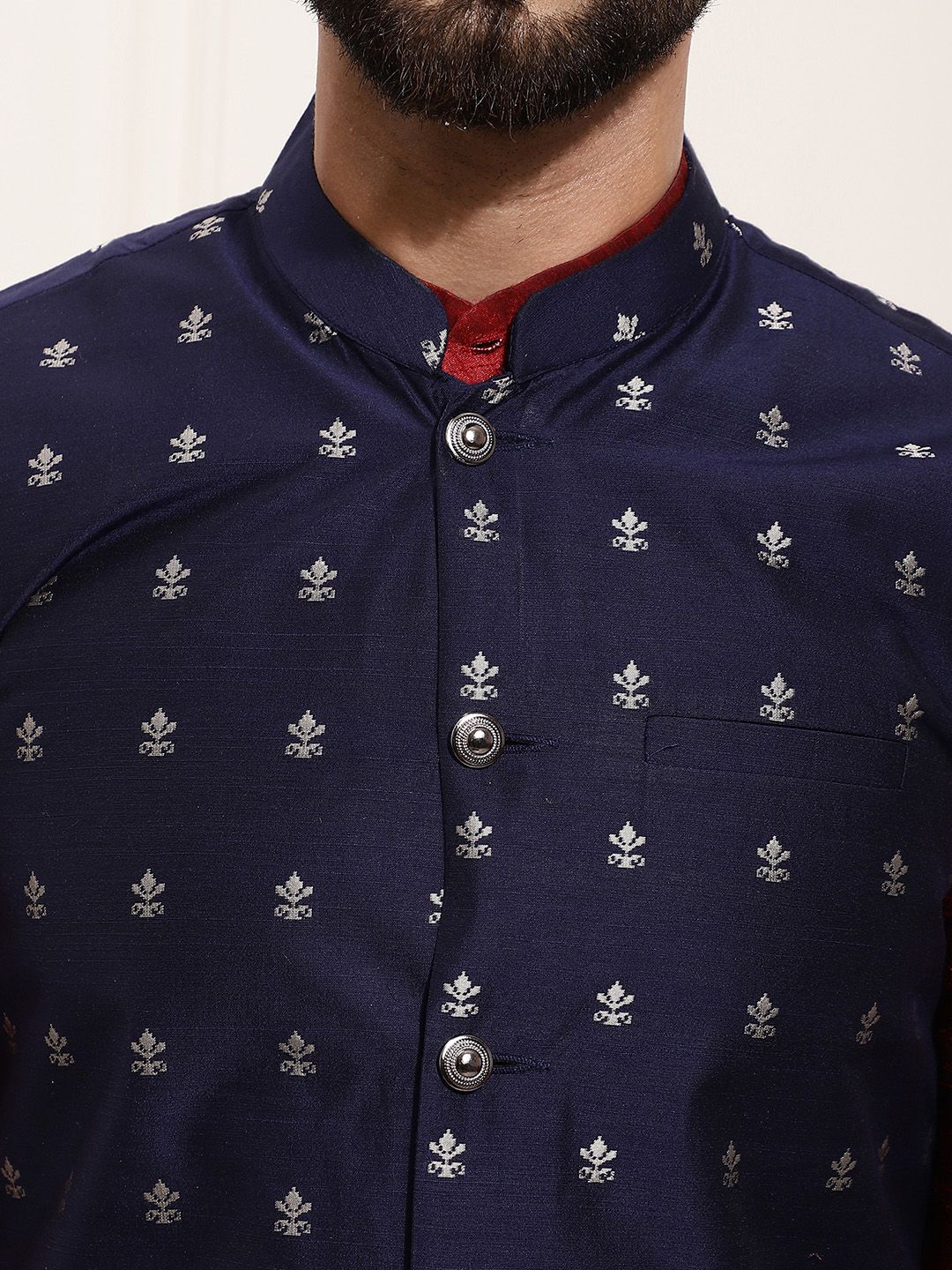 SOJANYA Kurta Lelaki Maroon & Navy Blue dengan Jaket Churidar Dan Nehru