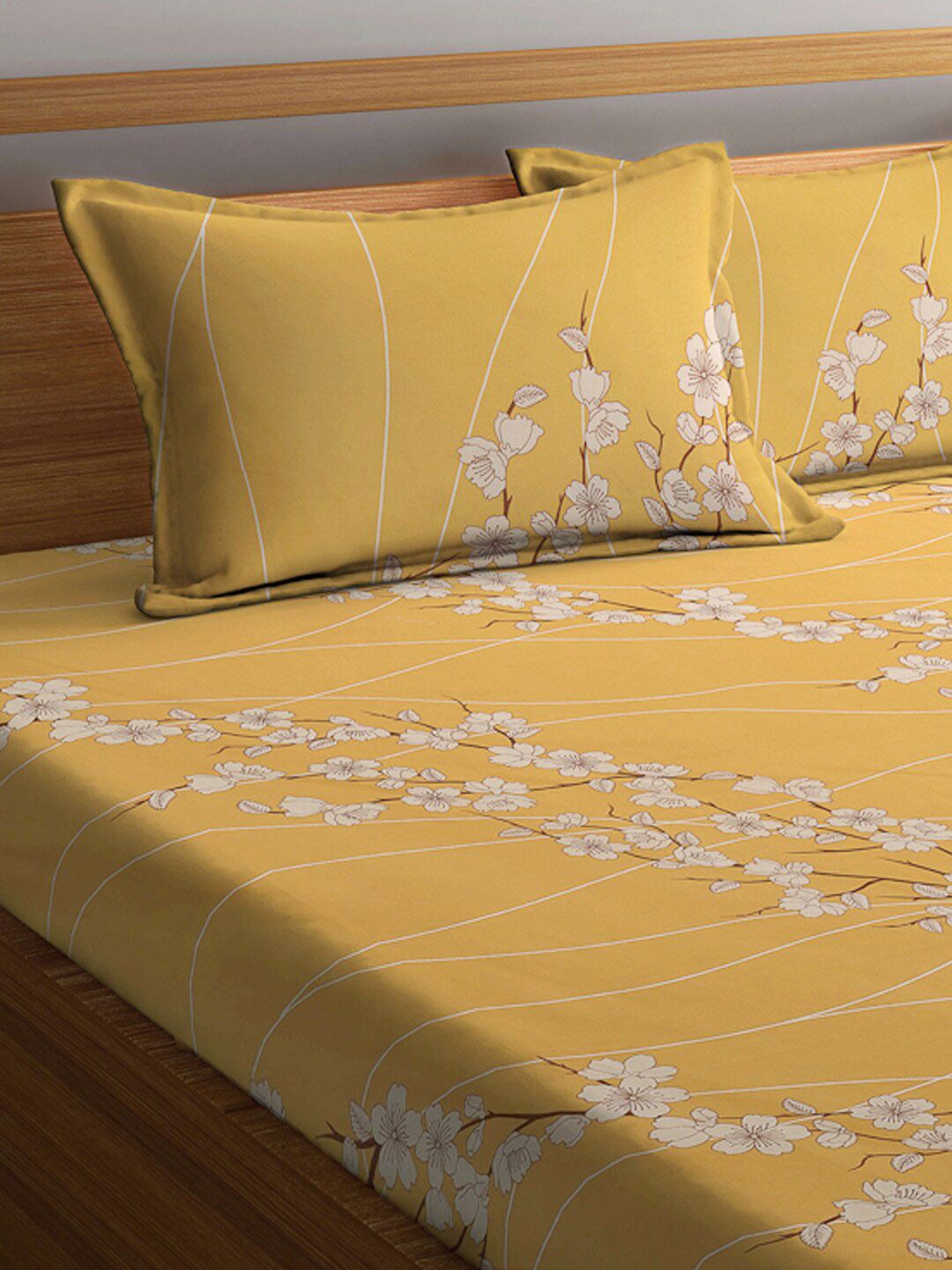 KLOTTHE Bercetak Bunga Kuning Dilengkapi 400 TC Kapas Cadar King & 2 Sarung Bantal