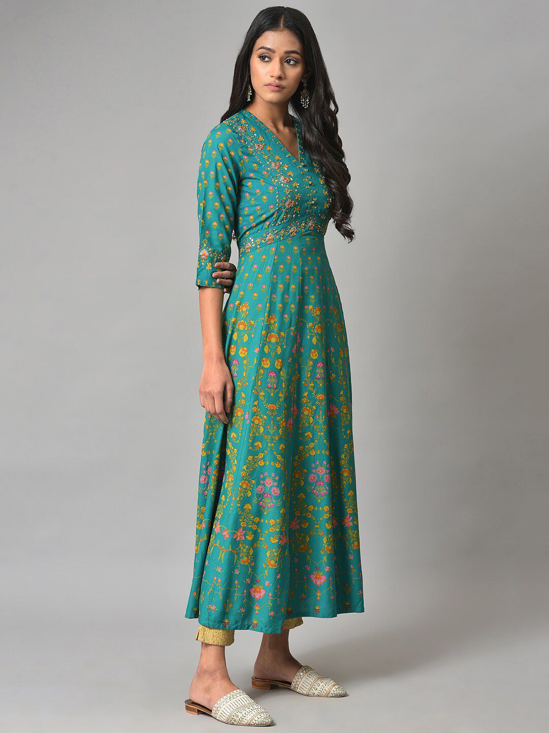 W Green Floral Printed Ethnic Maxi Ethnic Dress