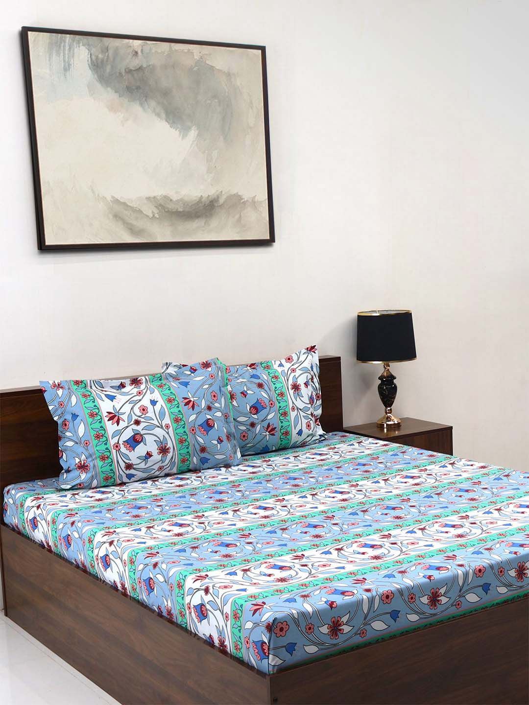 BOMBAY DYEING Cardinal Blue Floral Printed Cotton 120 TC Queen Bedsheet Set 2.54 x 2.24m