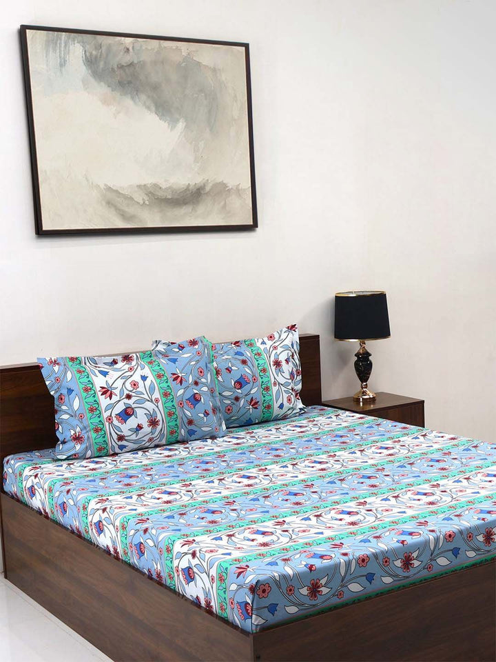 BOMBAY DYEING Cardinal Blue Floral Printed Cotton 120 TC Queen Bedsheet Set 2.54 x 2.24m