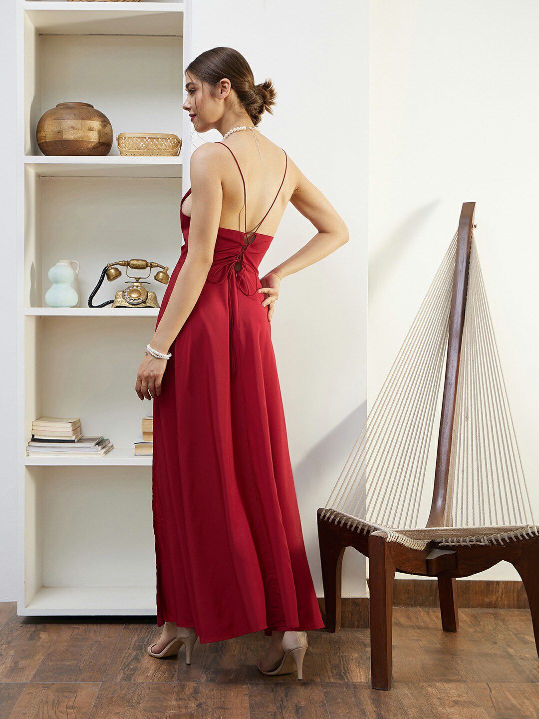Berrylush Red Cowl Neck Shoulder Straps Lace Up Maxi Dress