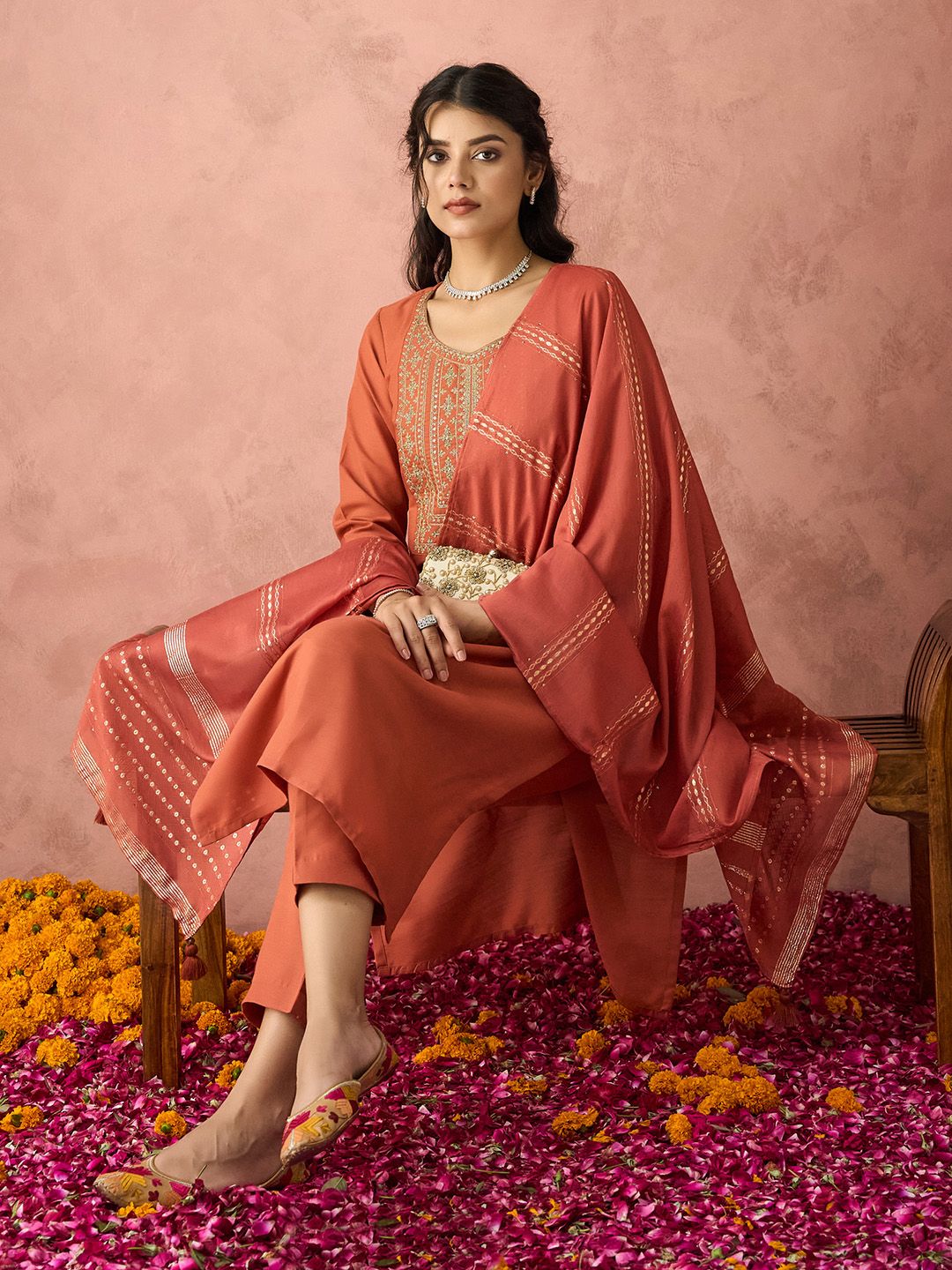 KALINI Ethnic Motifs Yoke Design Sequinned Kurta with Trousers & Dupatta