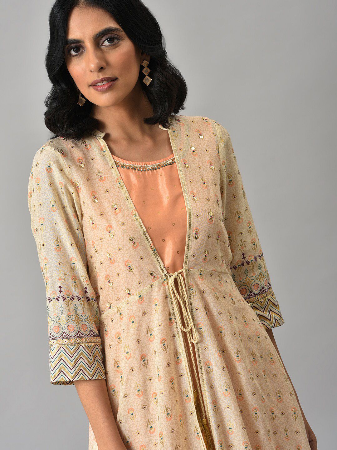 Aurelia Women Beige Geometric Print Poly Voile Kurta Set with Palazzos & Shrug