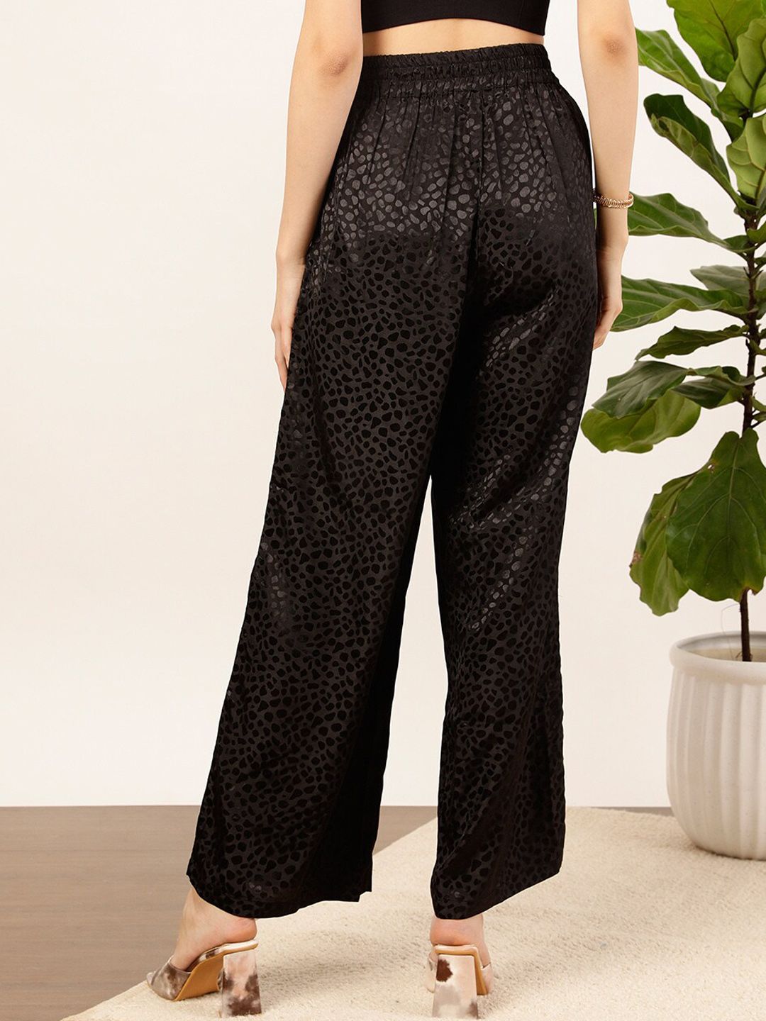STREET 9 Women Black Textured Relaxed Straight Fit High-Rise Trousers