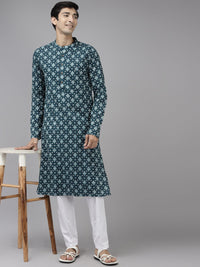 See Designs Men Teal Blue Ethnic Motifs Printed Pure Cotton Kurta with Trousers