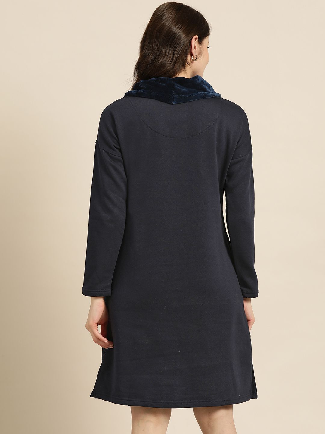 Sweet Dreams Navy Blue Solid Faux Fur Cowl Neck Nightdress