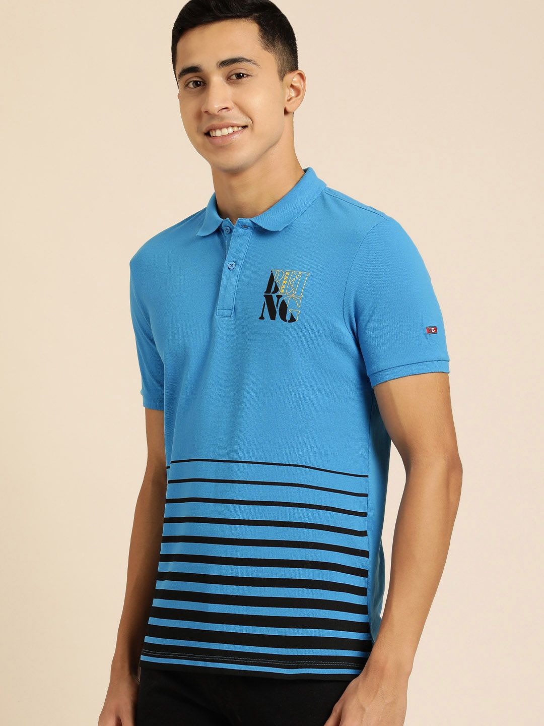 Being Human Men Blue & Black Brand Logo Printed Pure Cotton Polo Collar T-shirt