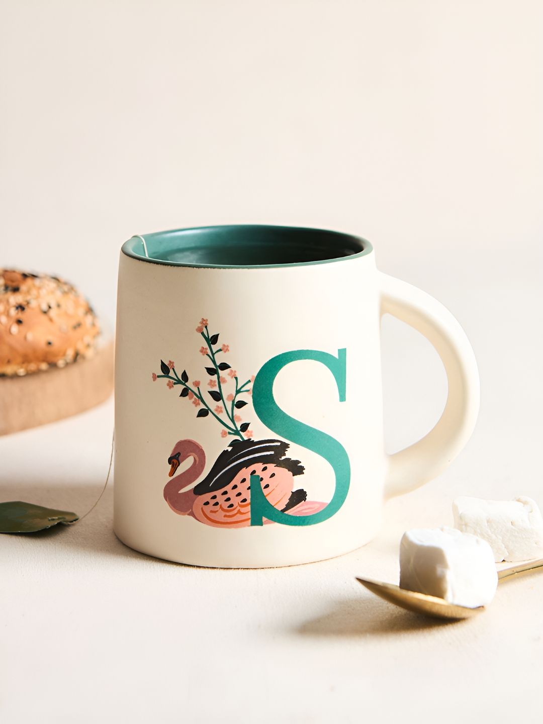 Chumbak Off White &amp; Blue Printed Ceramic Glossy Mug 300 ml
