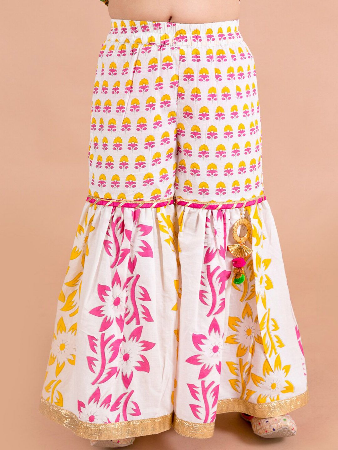 pspeaches Girls Yellow Floral Printed Empire Pure Cotton Kurti with Sharara & With Dupatta