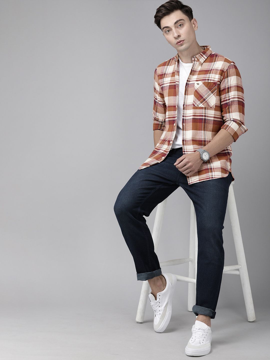 THE BEAR HOUSE Men Rust Orange & White Slim Fit Checked Pure Cotton Casual Shirt