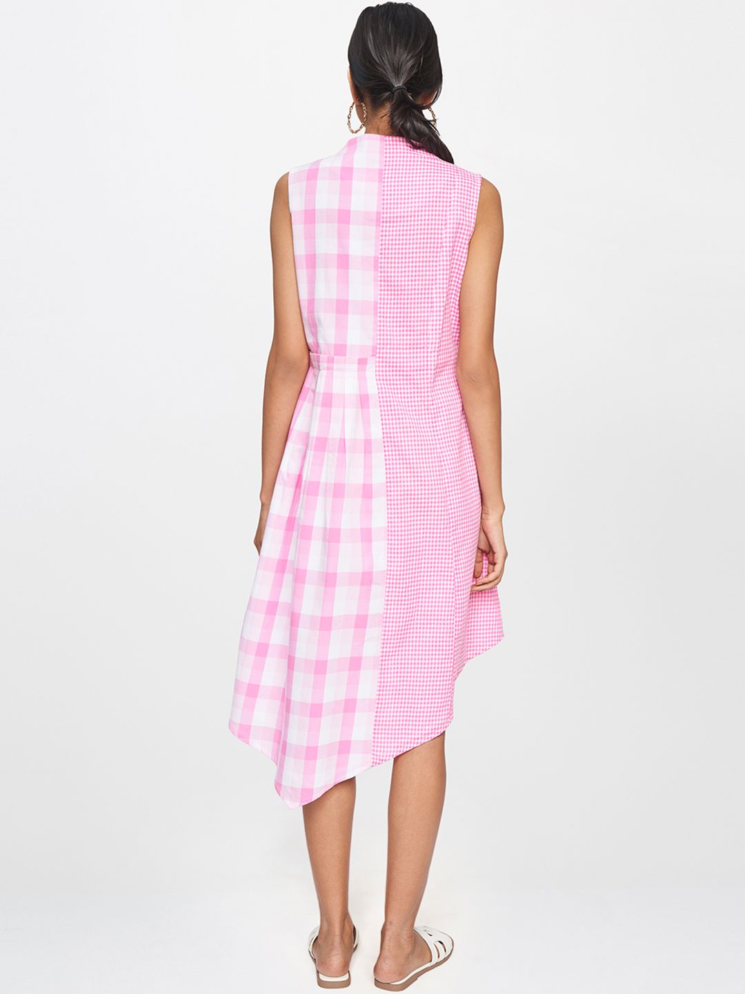 AND Women Pink & White Checked Fit and Flare Asymmetric Dress With gathered Pleated Detail