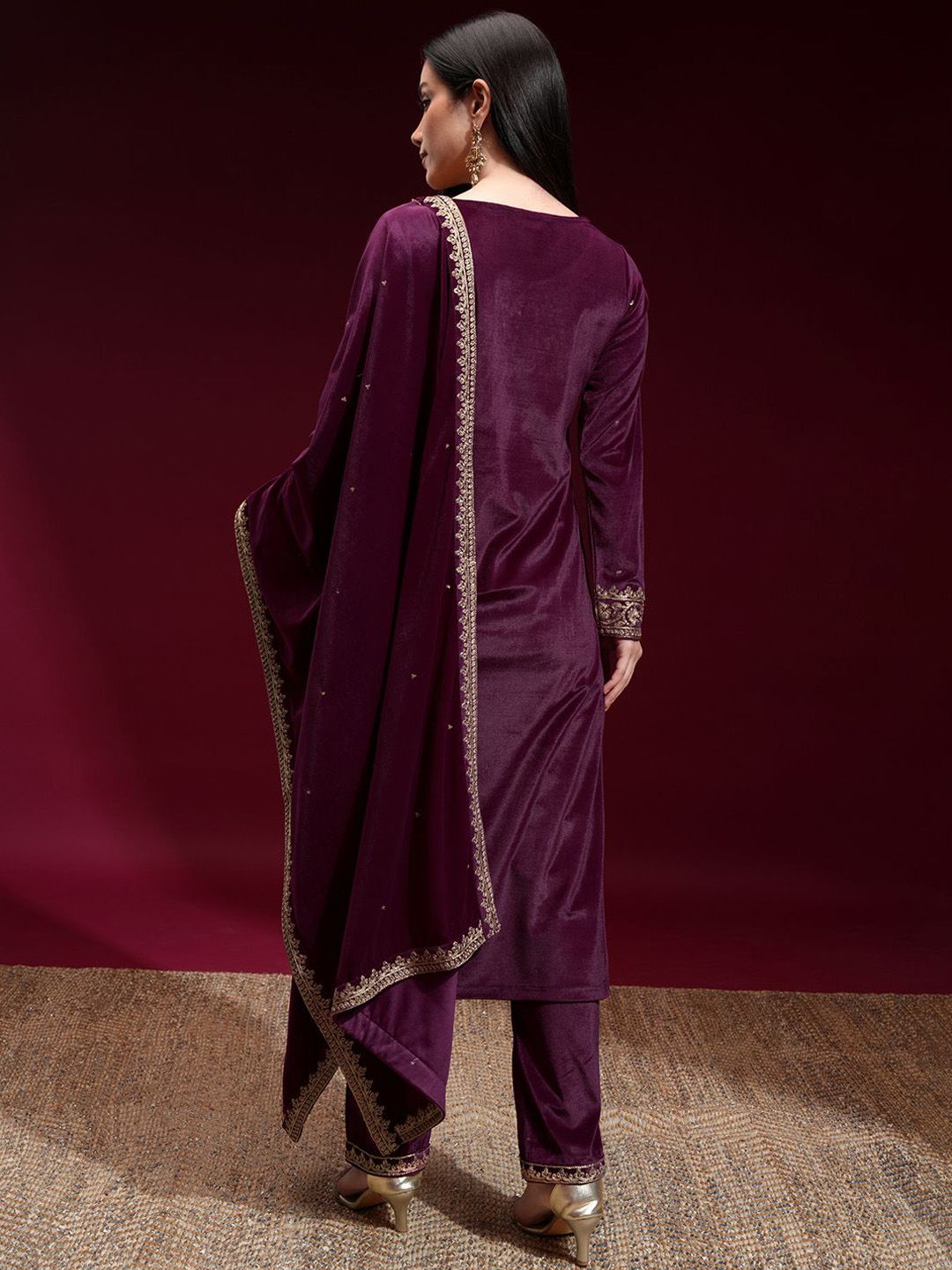 Vishudh Women Embroidered Velvet Straight Kurta with Slim Pants and Dupatta