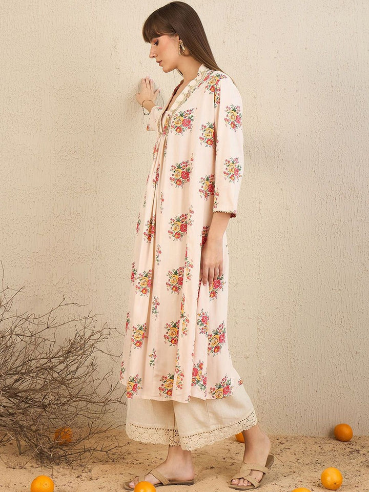 Indo Era White Floral Embroidered V-Neck Zari Panelled A-Line Kurta