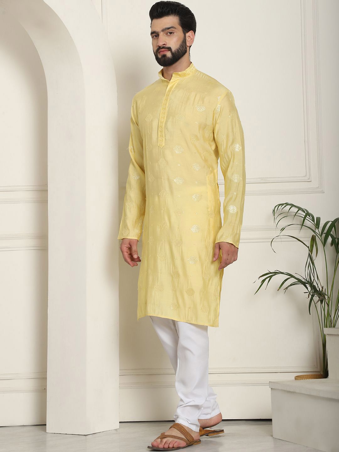SOJANYA Kurta Lurus Sutera Kapas Sulam Geometrik Dengan Churidar